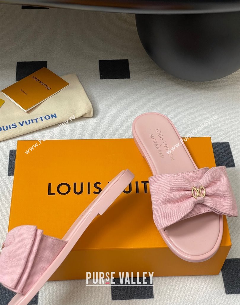 Louis Vuitton Lily Flat Slides Sandal with Bow in Monogram Denim Pink 2025 1AGVYB (MD-250422044)