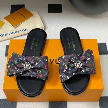 Louis Vuitton LV x TM Lily Flat Slides Sandal with Bow in Monogram Canvas Black/Multicolor 2025 1AGVYB (MD-250422037)