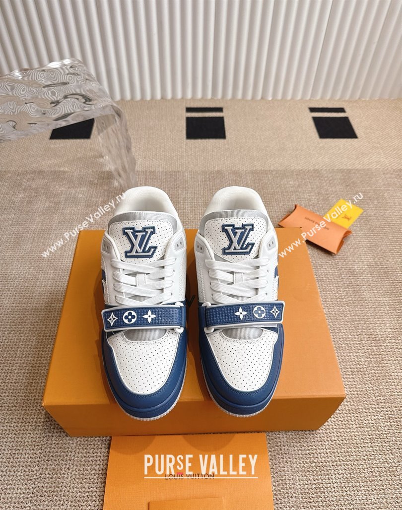 Louis Vuitton LV Trainer Sneakers in Perforated Leather with Velcro Strap Blue 2025 1AHTDF (KL-250422181)