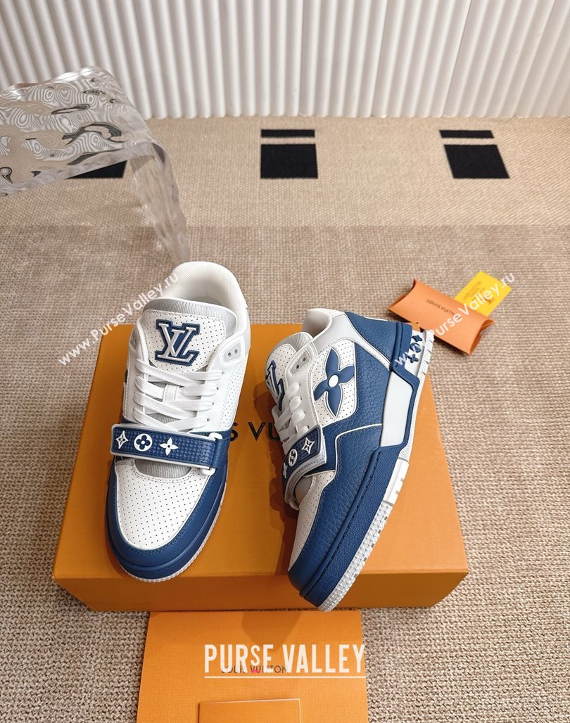 Louis Vuitton LV Trainer Sneakers in Perforated Leather with Velcro Strap Blue 2025 1AHTDF (KL-250422181)