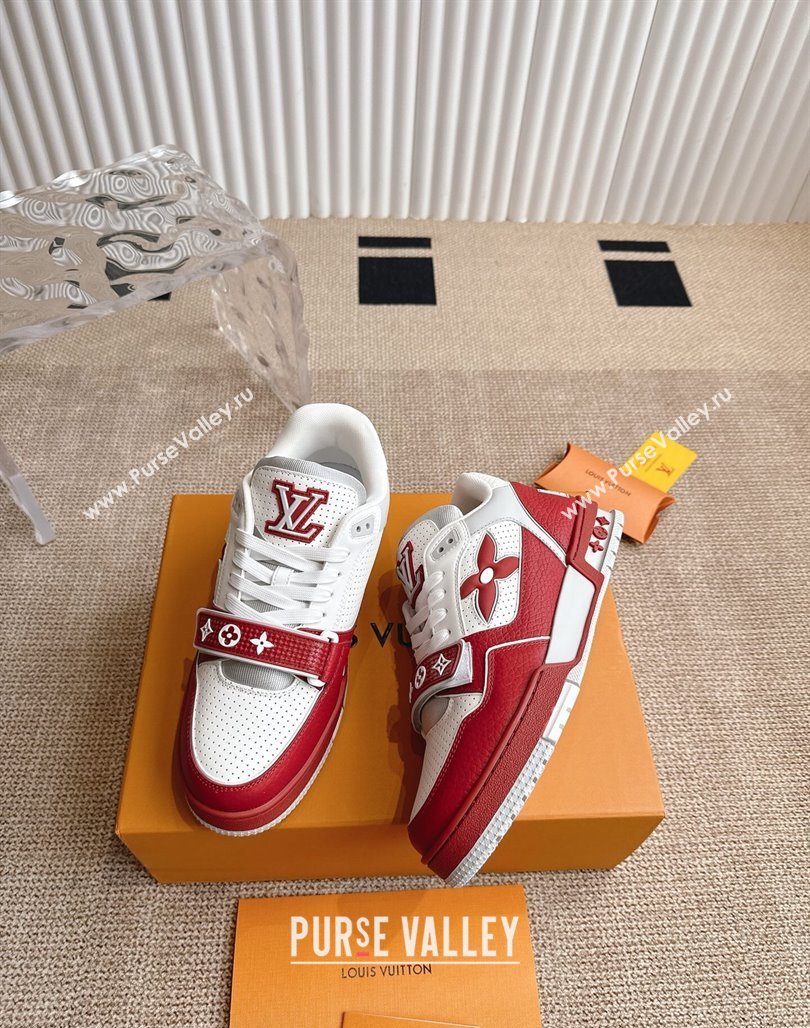 Louis Vuitton LV Trainer Sneakers in Perforated Leather with Velcro Strap Red 2025 1AHTDF (KL-250422182)