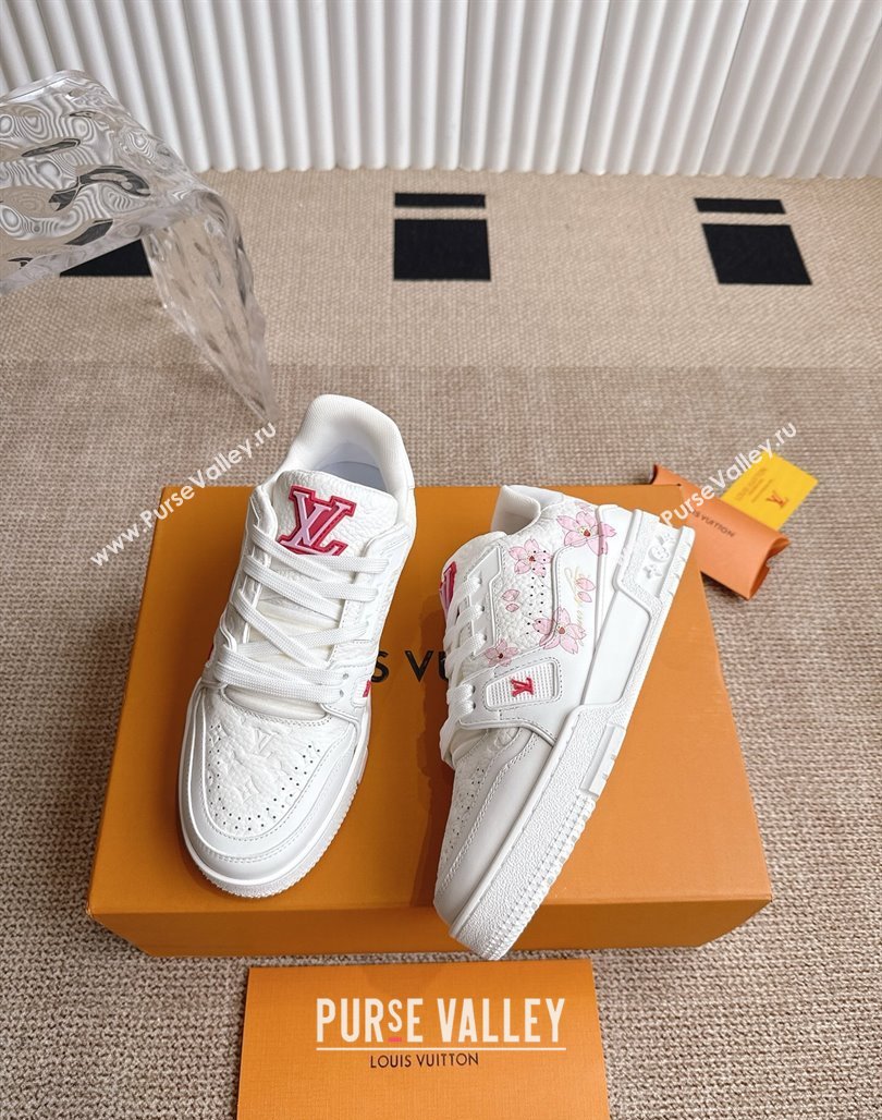 Louis Vuitton LV x TM Trainer Sneakers in Monogram Leather with Cherry Bloom Print White/Pink 2025 (KL-250422179)