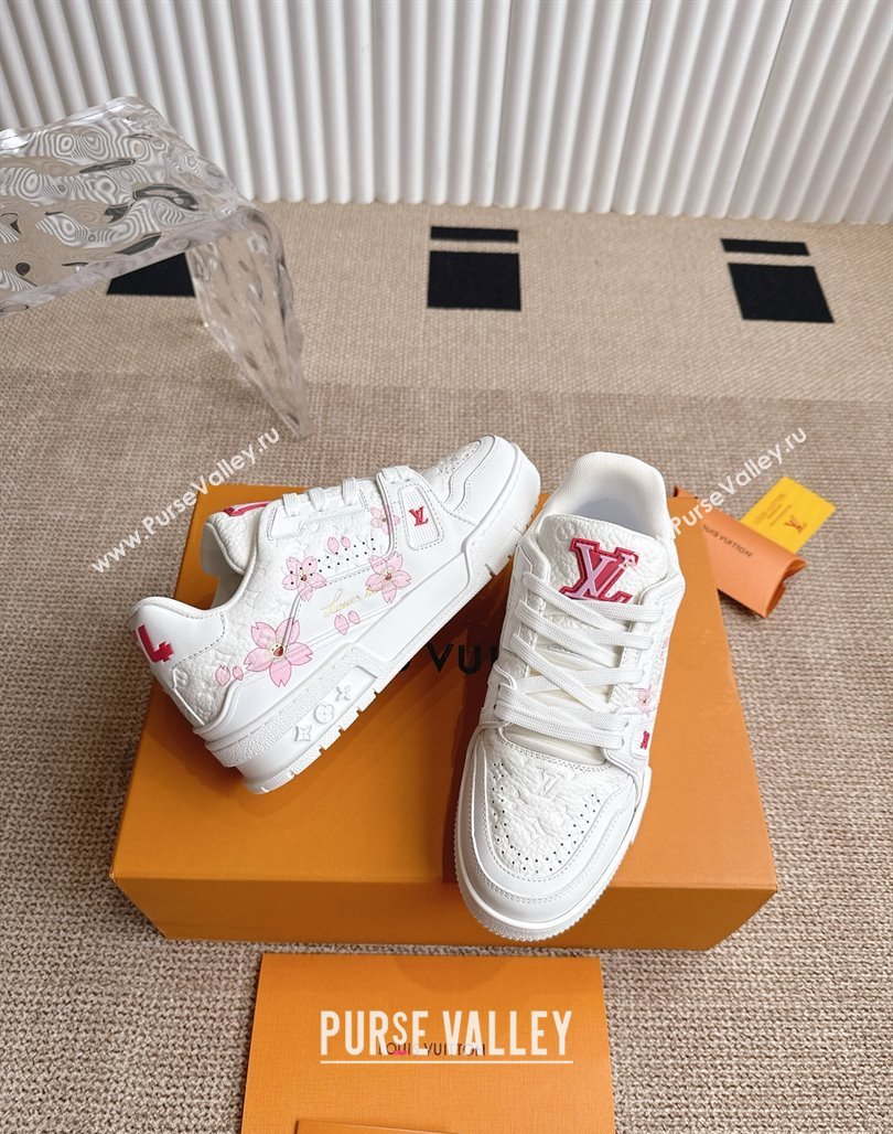 Louis Vuitton LV x TM Trainer Sneakers in Monogram Leather with Cherry Bloom Print White/Pink 2025 (KL-250422179)
