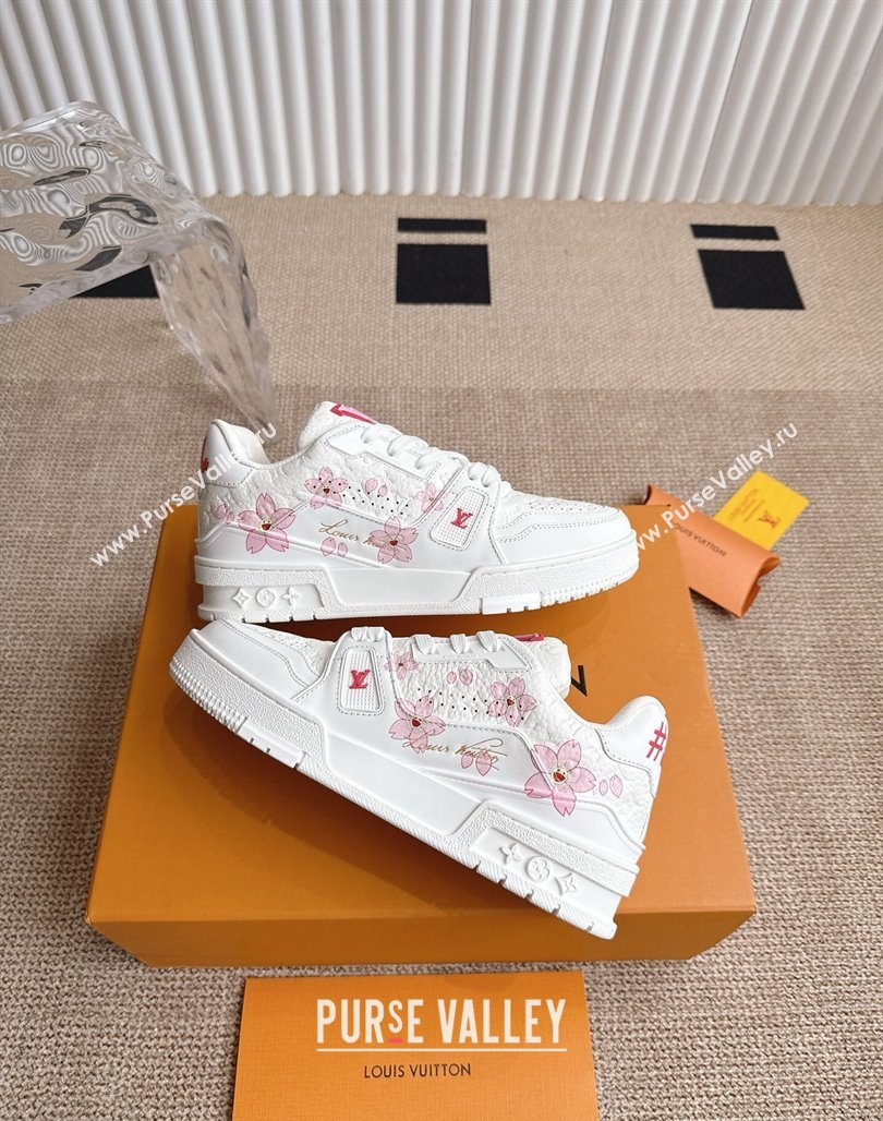 Louis Vuitton LV x TM Trainer Sneakers in Monogram Leather with Cherry Bloom Print White/Pink 2025 (KL-250422179)