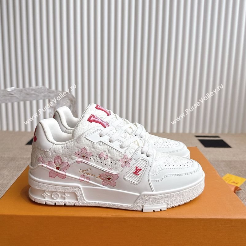 Louis Vuitton LV x TM Trainer Sneakers in Monogram Leather with Cherry Bloom Print White/Pink 2025 (KL-250422179)