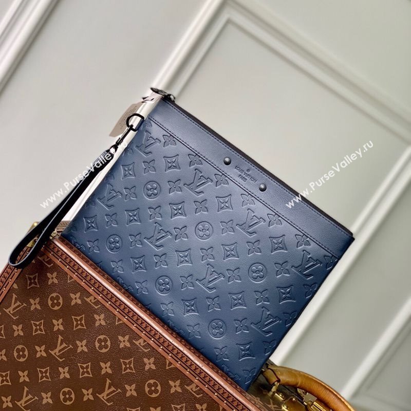 Louis Vuitton Mens Pochette To-Go Pouch in Sand Grey Monogram Shadow Leather M14914 Navy Blue 2025 (KI-250523066)