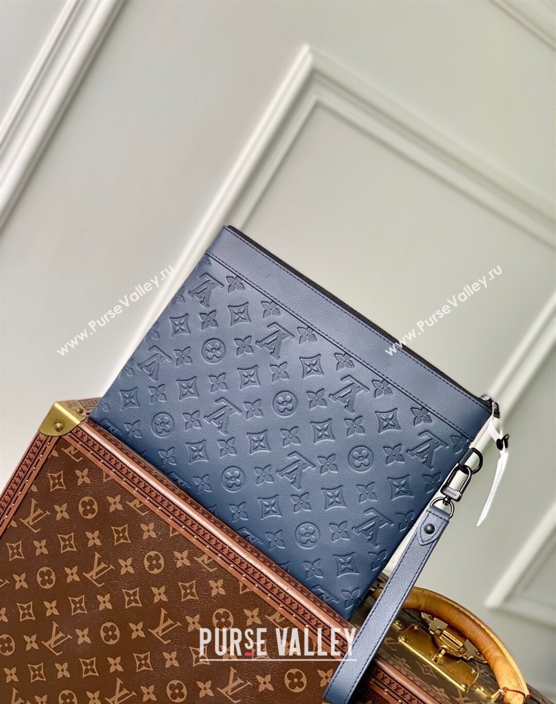 Louis Vuitton Mens Pochette To-Go Pouch in Sand Grey Monogram Shadow Leather M14914 Navy Blue 2025 (KI-250523066)