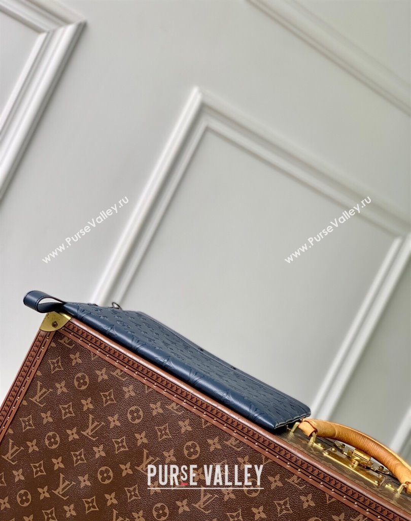 Louis Vuitton Mens Pochette To-Go Pouch in Sand Grey Monogram Shadow Leather M14914 Navy Blue 2025 (KI-250523066)