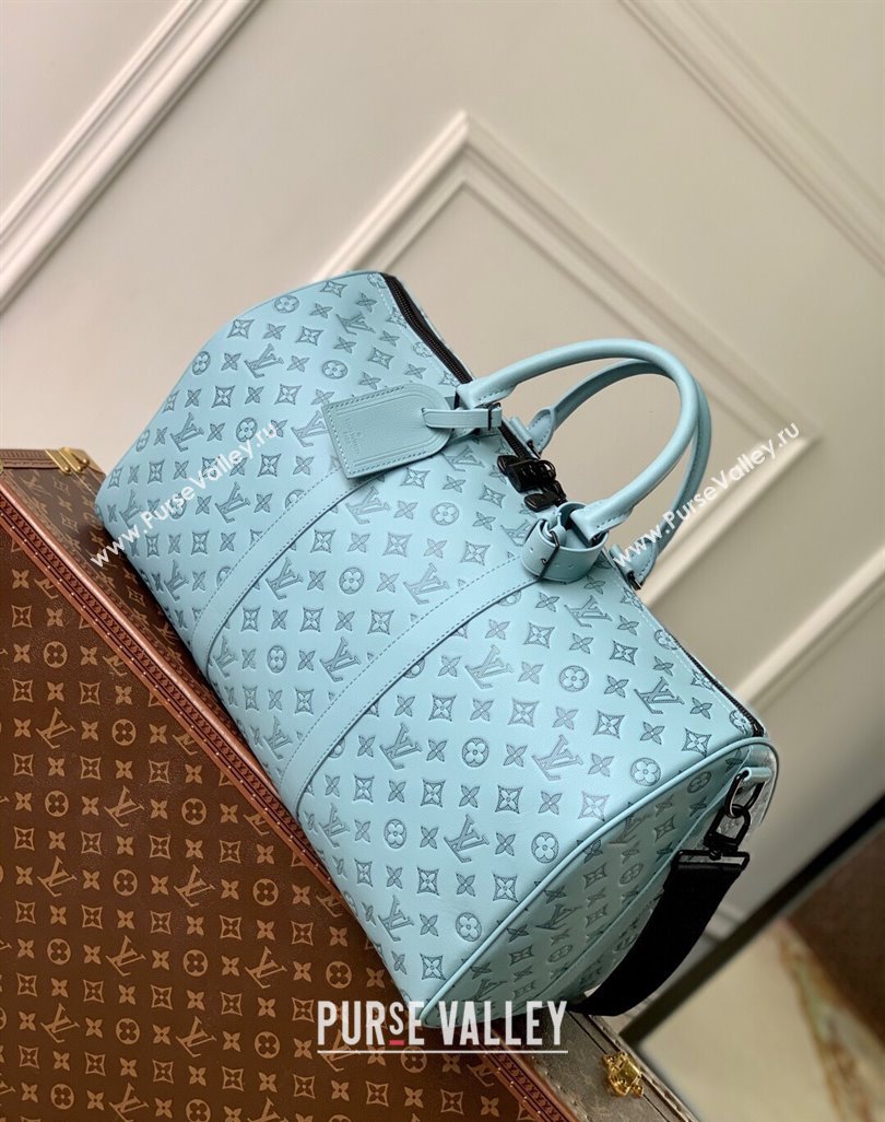 Louis Vuitton Keepall Bandouliere 50 Travel Bag in Sky Blue Monogram Shadow Leather M14842 2025 (KI-250523087)