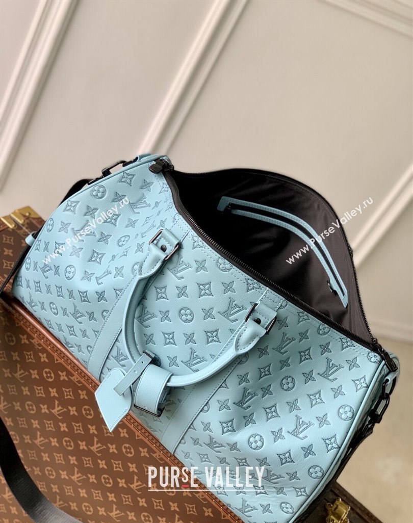 Louis Vuitton Keepall Bandouliere 50 Travel Bag in Sky Blue Monogram Shadow Leather M14842 2025 (KI-250523087)
