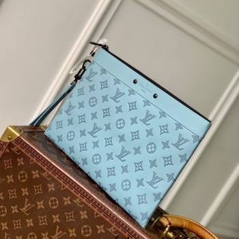 Louis Vuitton Mens Pochette To-Go Pouch in Sand Grey Monogram Shadow Leather M14914 Sky Blue 2025 (KI-250523065)