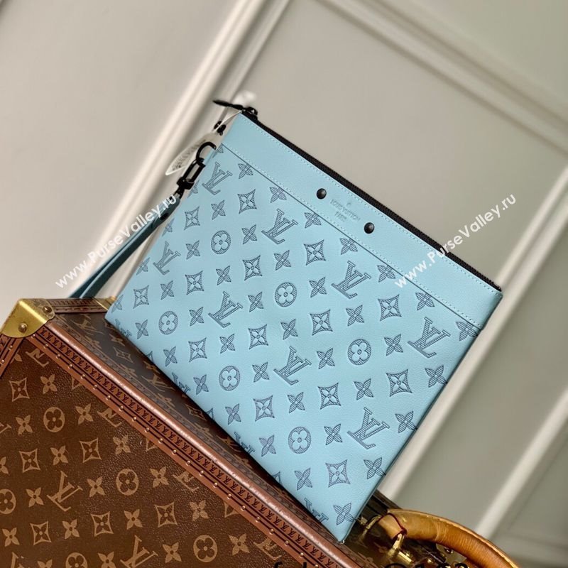 Louis Vuitton Mens Pochette To-Go Pouch in Sand Grey Monogram Shadow Leather M14914 Sky Blue 2025 (KI-250523065)