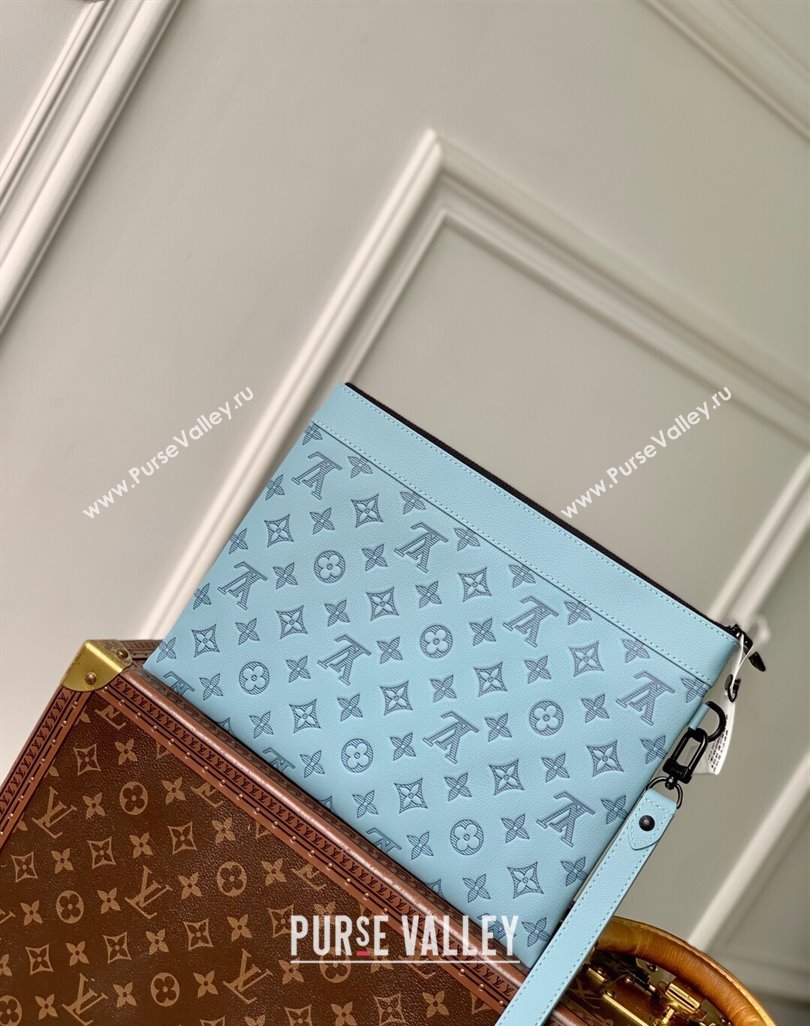 Louis Vuitton Mens Pochette To-Go Pouch in Sand Grey Monogram Shadow Leather M14914 Sky Blue 2025 (KI-250523065)