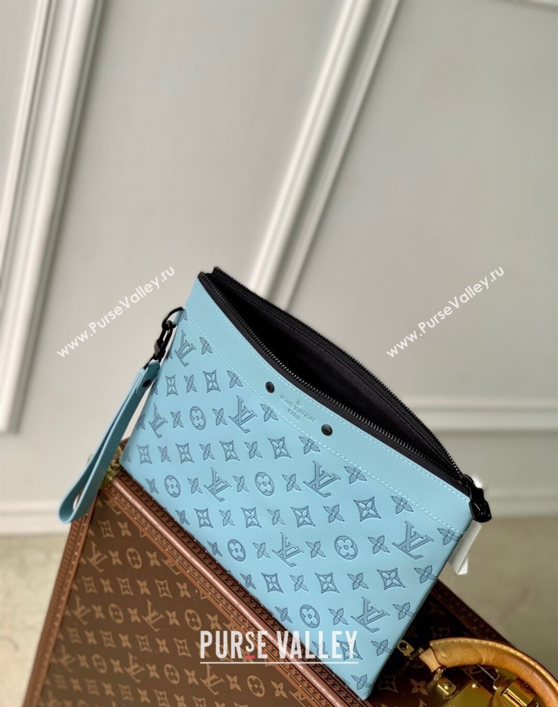 Louis Vuitton Mens Pochette To-Go Pouch in Sand Grey Monogram Shadow Leather M14914 Sky Blue 2025 (KI-250523065)
