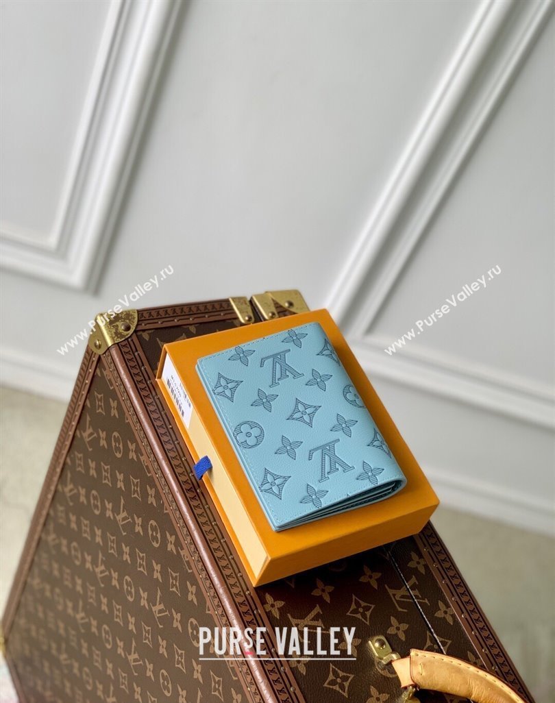 Louis Vuitton Passport Cover in Sky Blue Monogram Shadow Leather M14798 2025 (KI-250523067)