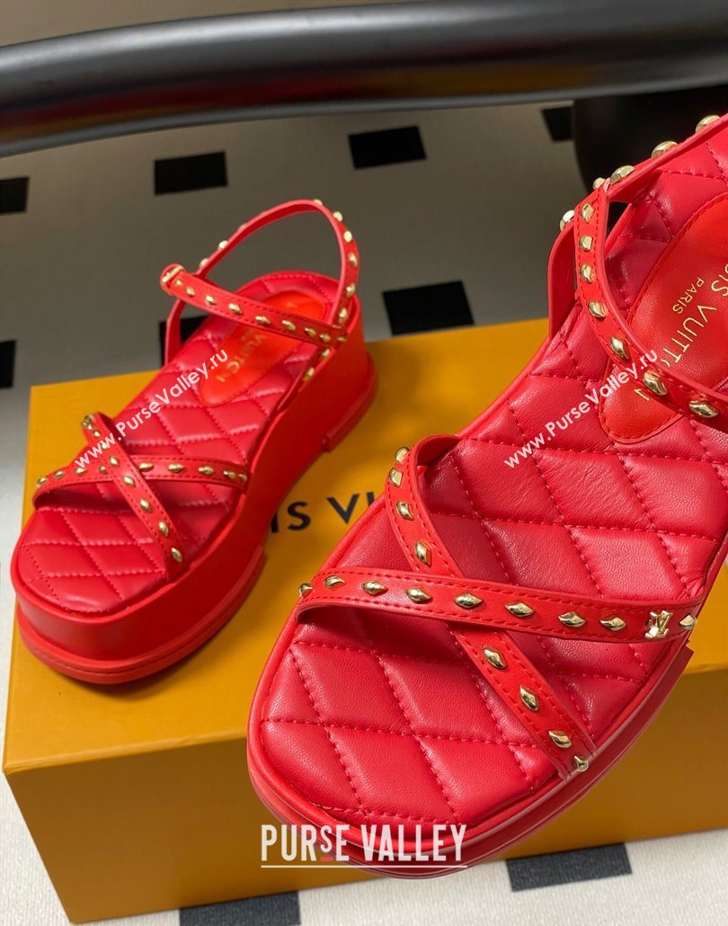 Louis Vuitton Maya Platform Crisscross Sandals 5cm in Leather and Studs Red 2025 (MD-250607078)