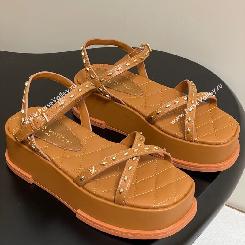 Louis Vuitton Maya Platform Crisscross Sandals 5cm in Leather and Studs Brown 2025 (MD-250607079)