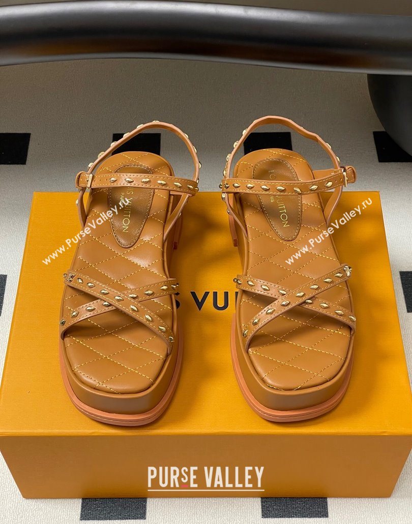 Louis Vuitton Maya Platform Crisscross Sandals 5cm in Leather and Studs Brown 2025 (MD-250607079)