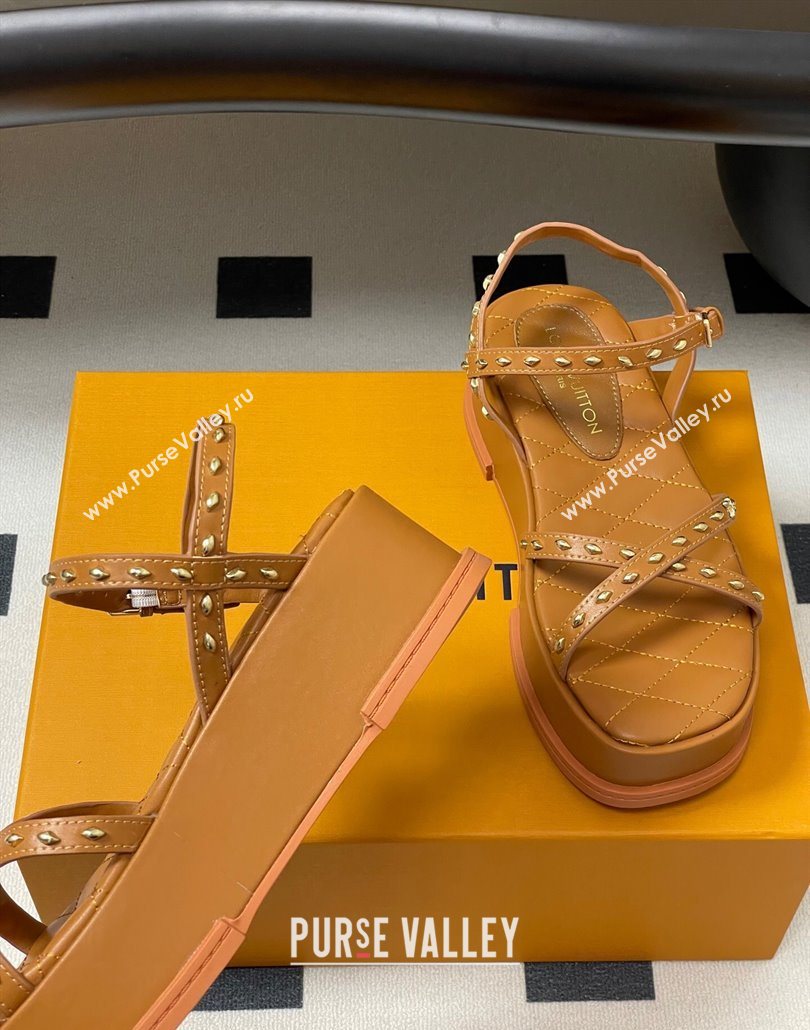 Louis Vuitton Maya Platform Crisscross Sandals 5cm in Leather and Studs Brown 2025 (MD-250607079)