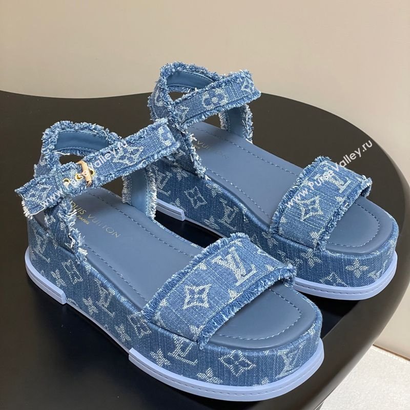 Louis Vuitton Maya Platform Sandals 5cm in Denim with Fringe Blue 2025 0607 (MD-250607063)