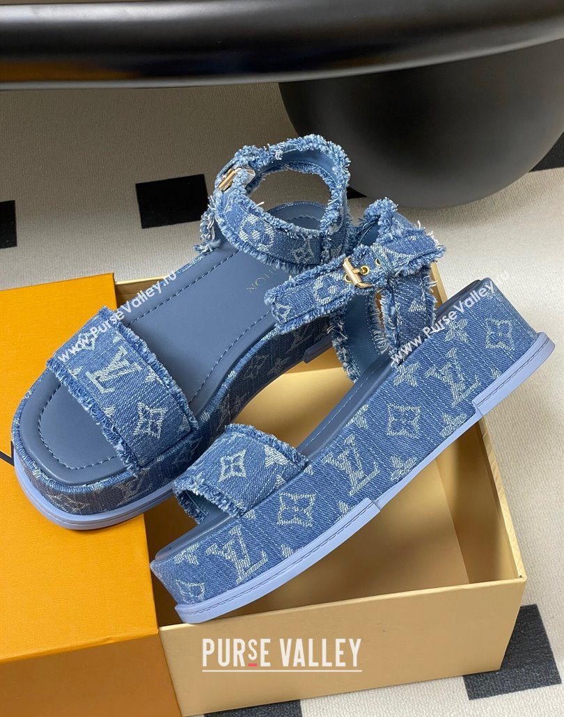 Louis Vuitton Maya Platform Sandals 5cm in Denim with Fringe Blue 2025 0607 (MD-250607063)