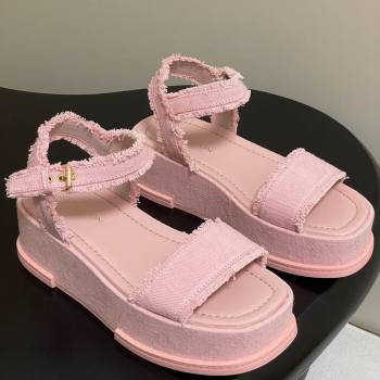 Louis Vuitton Maya Platform Sandals 5cm in Denim with Fringe Pink 2025 0607 (MD-250607064)