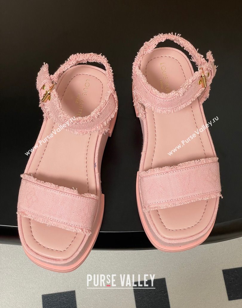 Louis Vuitton Maya Platform Sandals 5cm in Denim with Fringe Pink 2025 0607 (MD-250607064)
