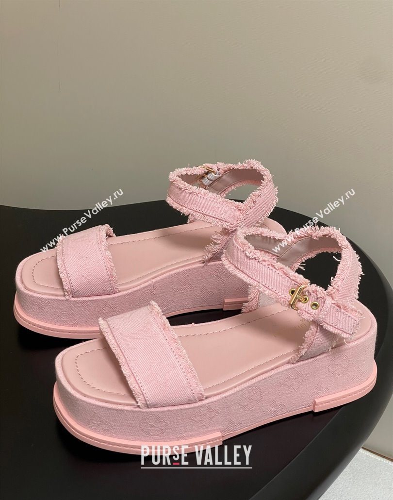 Louis Vuitton Maya Platform Sandals 5cm in Denim with Fringe Pink 2025 0607 (MD-250607064)