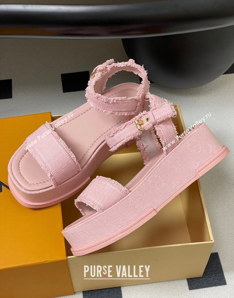 Louis Vuitton Maya Platform Sandals 5cm in Denim with Fringe Pink 2025 0607 (MD-250607064)
