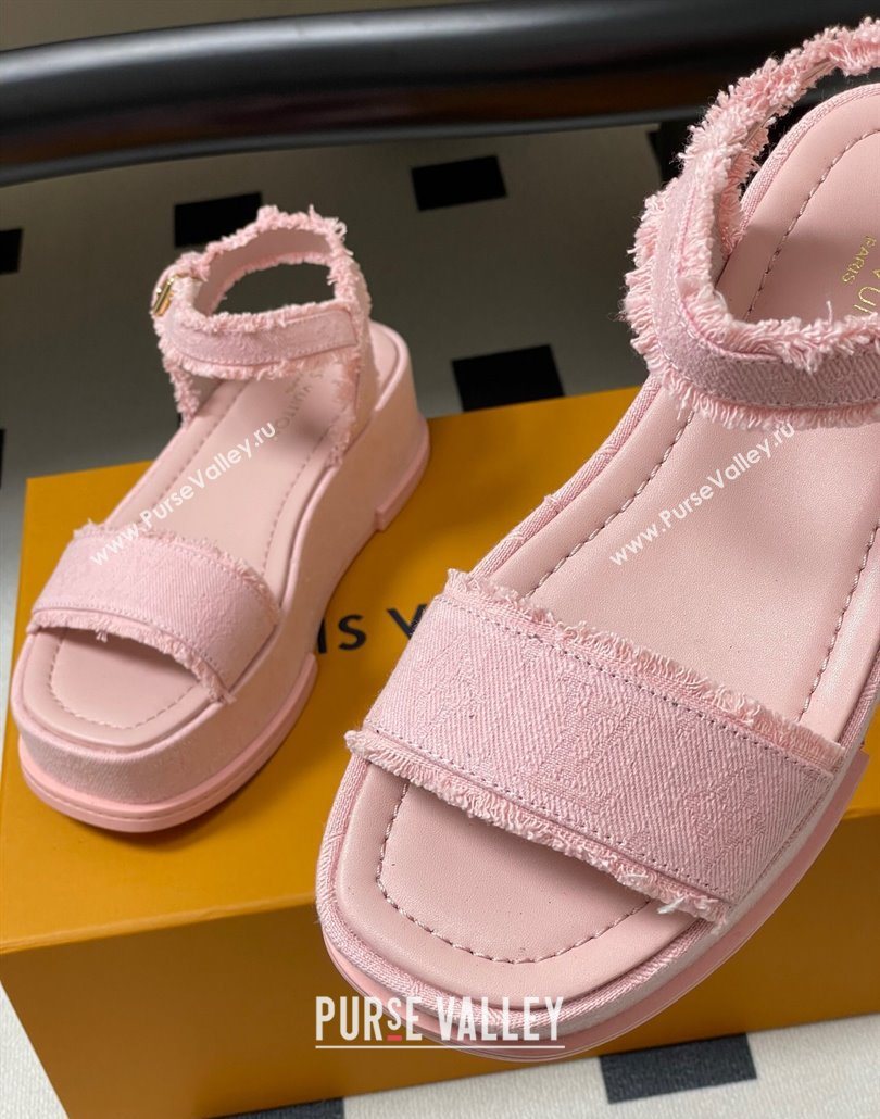 Louis Vuitton Maya Platform Sandals 5cm in Denim with Fringe Pink 2025 0607 (MD-250607064)