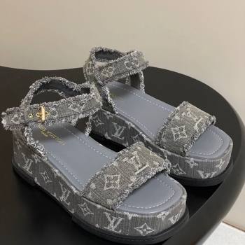 Louis Vuitton Maya Platform Sandals 5cm in Denim with Fringe Grey 2025 0607 (MD-250607065)