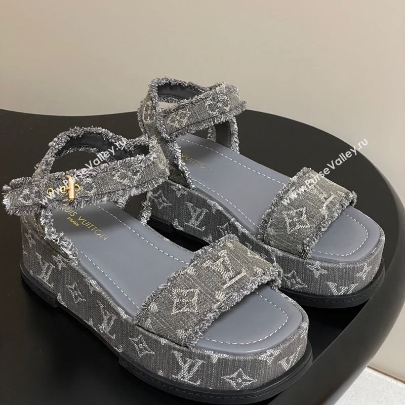 Louis Vuitton Maya Platform Sandals 5cm in Denim with Fringe Grey 2025 0607 (MD-250607065)