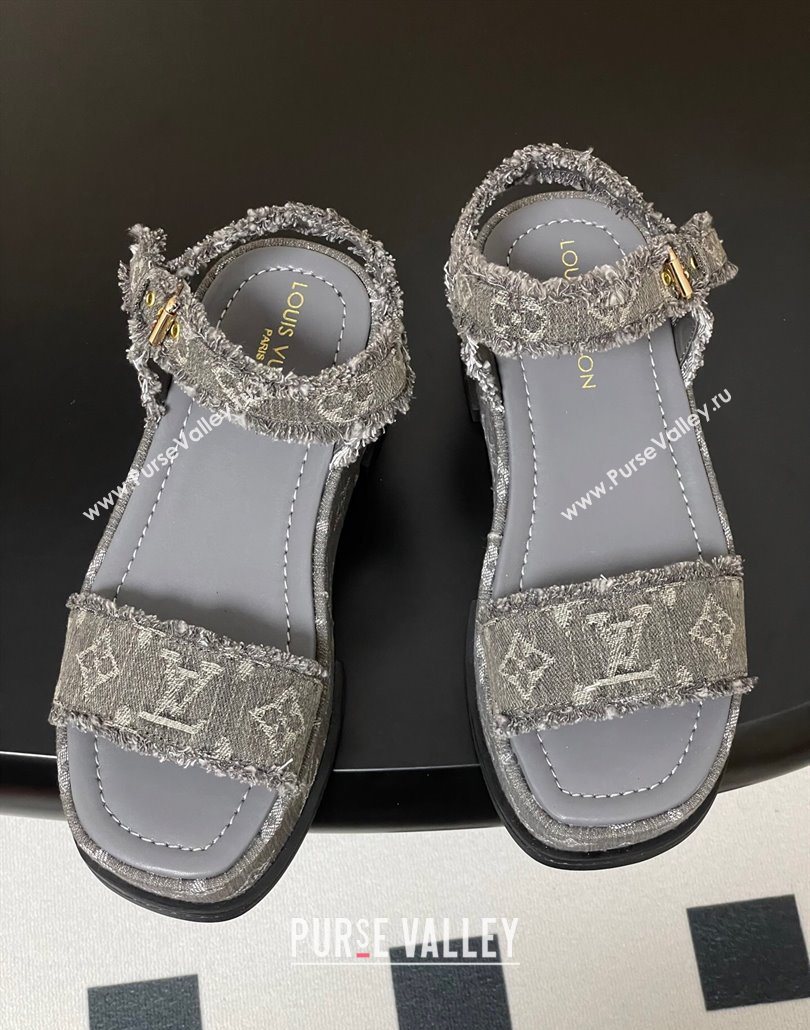 Louis Vuitton Maya Platform Sandals 5cm in Denim with Fringe Grey 2025 0607 (MD-250607065)