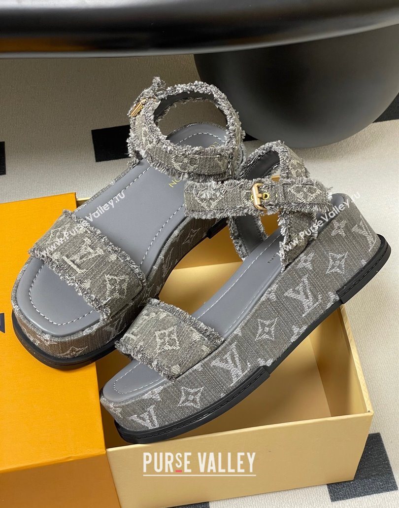 Louis Vuitton Maya Platform Sandals 5cm in Denim with Fringe Grey 2025 0607 (MD-250607065)