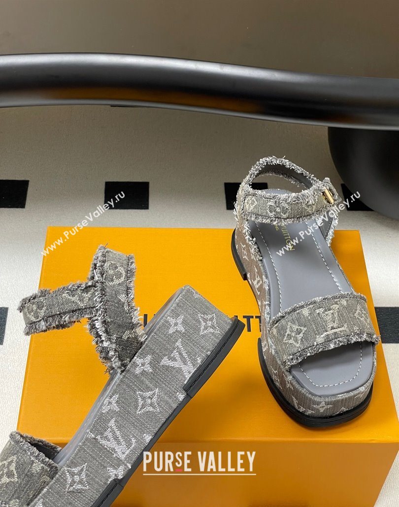 Louis Vuitton Maya Platform Sandals 5cm in Denim with Fringe Grey 2025 0607 (MD-250607065)