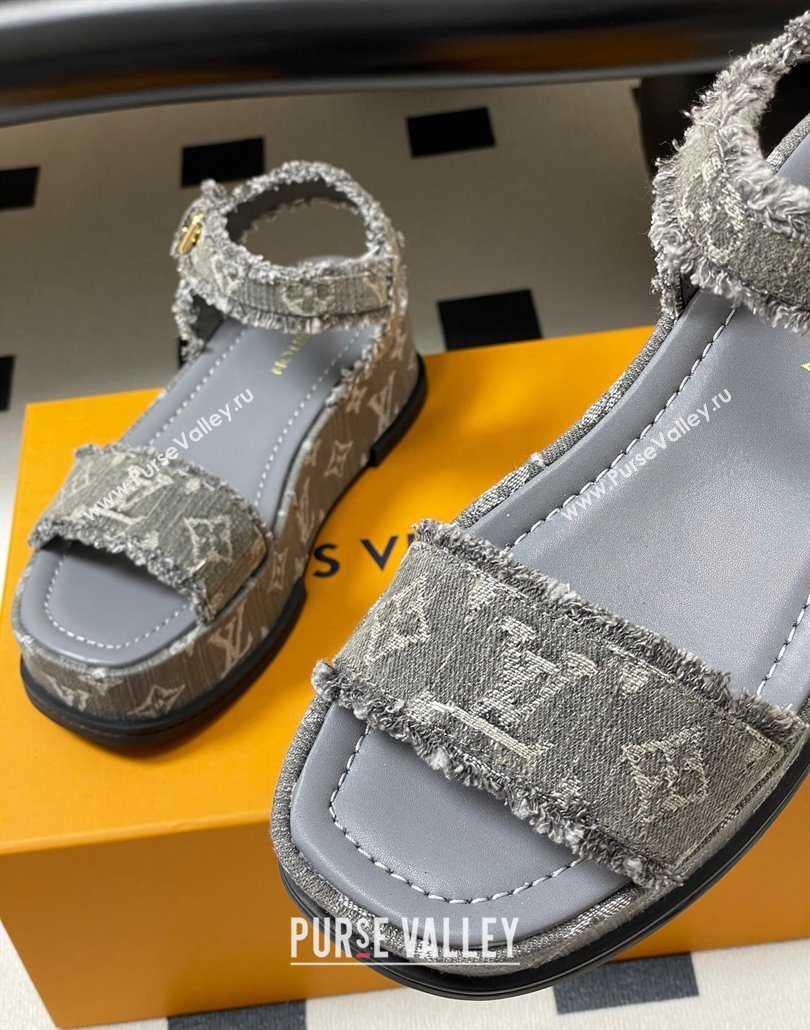 Louis Vuitton Maya Platform Sandals 5cm in Denim with Fringe Grey 2025 0607 (MD-250607065)