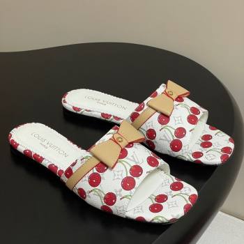 Louis Vuitton LV x TM Neo 6AM Flat Slides Sandal in Leather with Luscious Cherry and Bow White 2025 (MD-250607011)