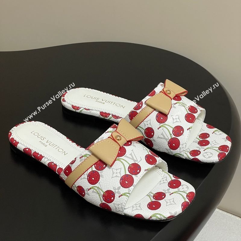 Louis Vuitton LV x TM Neo 6AM Flat Slides Sandal in Leather with Luscious Cherry and Bow White 2025 (MD-250607011)
