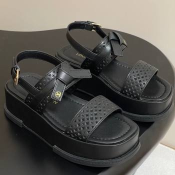 Louis Vuitton Maya Platform Comfort Sandals 5cm in Perforated Calf Leather with Bow Black 2025 (MD-250607071)
