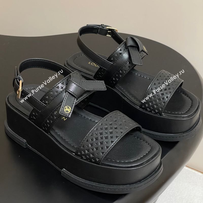 Louis Vuitton Maya Platform Comfort Sandals 5cm in Perforated Calf Leather with Bow Black 2025 (MD-250607071)