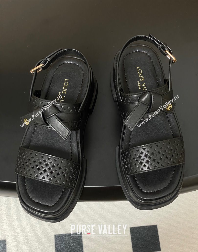 Louis Vuitton Maya Platform Comfort Sandals 5cm in Perforated Calf Leather with Bow Black 2025 (MD-250607071)