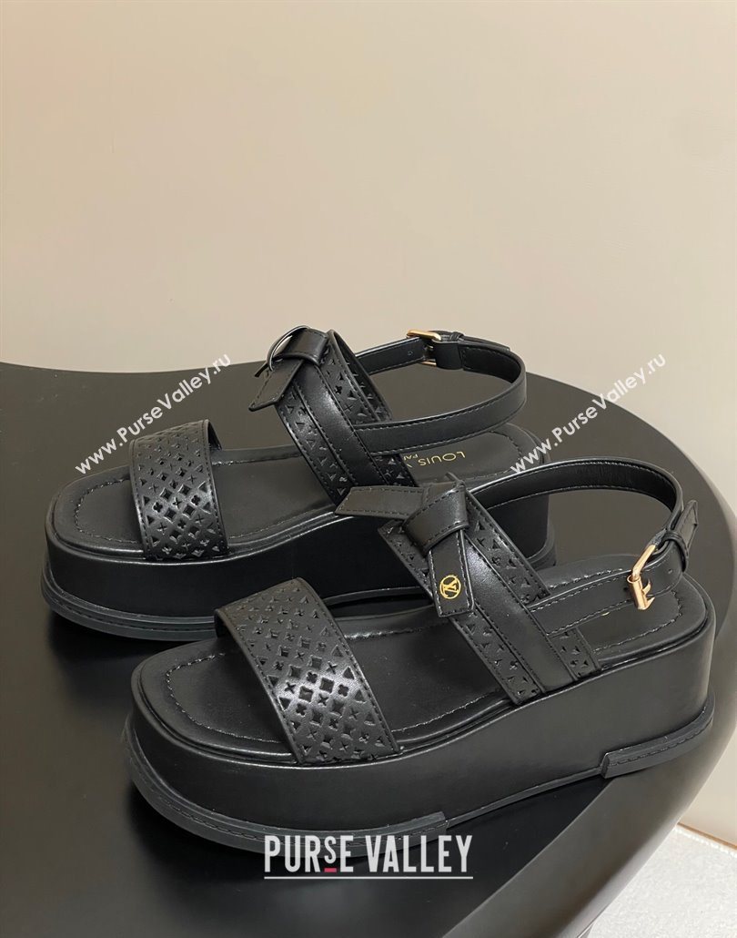 Louis Vuitton Maya Platform Comfort Sandals 5cm in Perforated Calf Leather with Bow Black 2025 (MD-250607071)