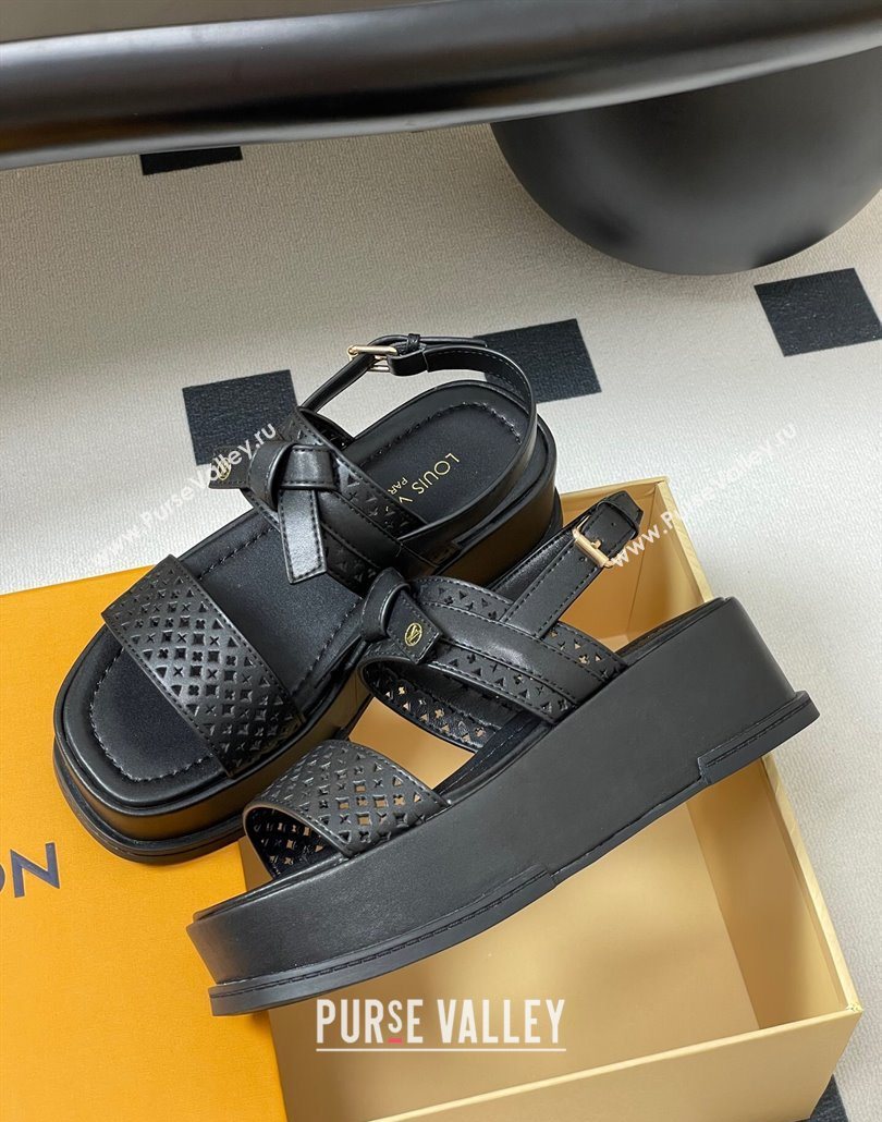 Louis Vuitton Maya Platform Comfort Sandals 5cm in Perforated Calf Leather with Bow Black 2025 (MD-250607071)