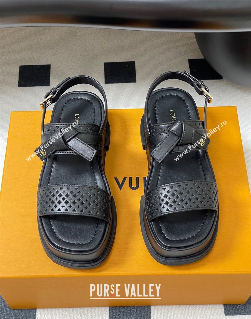 Louis Vuitton Maya Platform Comfort Sandals 5cm in Perforated Calf Leather with Bow Black 2025 (MD-250607071)