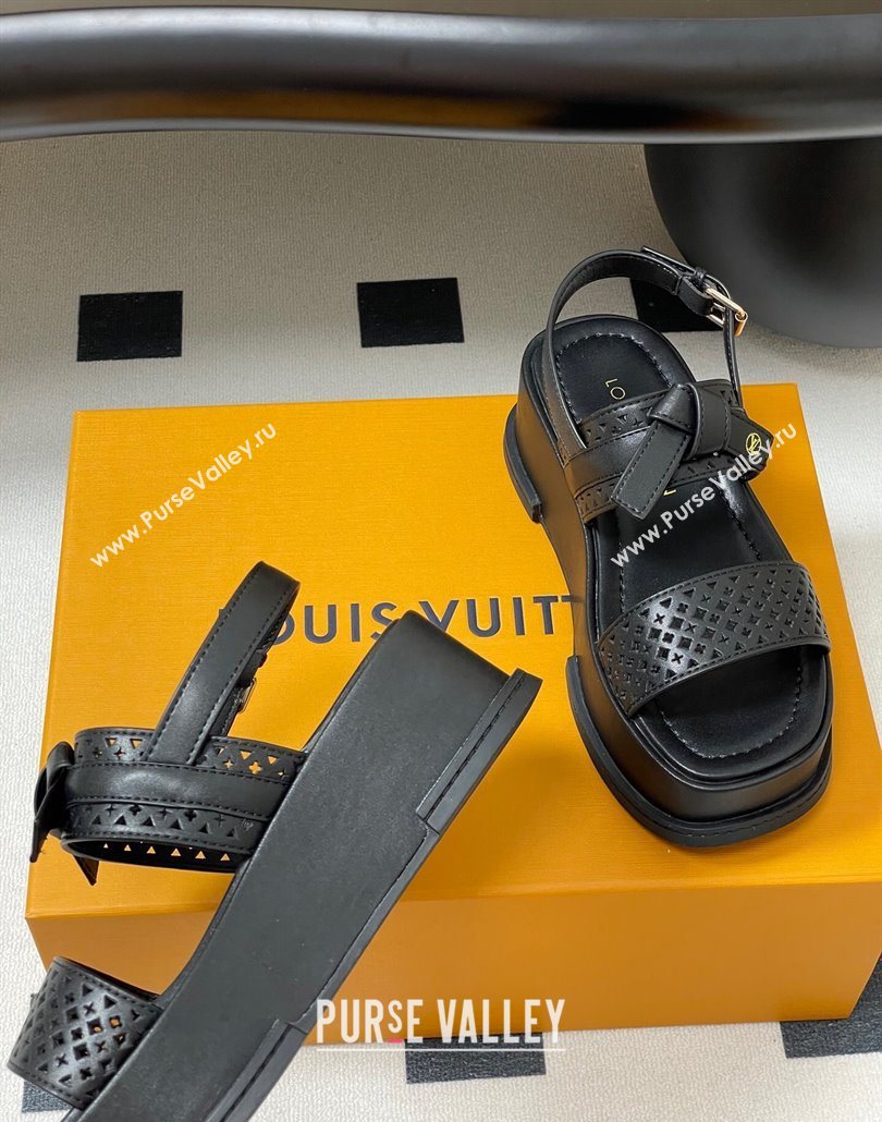 Louis Vuitton Maya Platform Comfort Sandals 5cm in Perforated Calf Leather with Bow Black 2025 (MD-250607071)