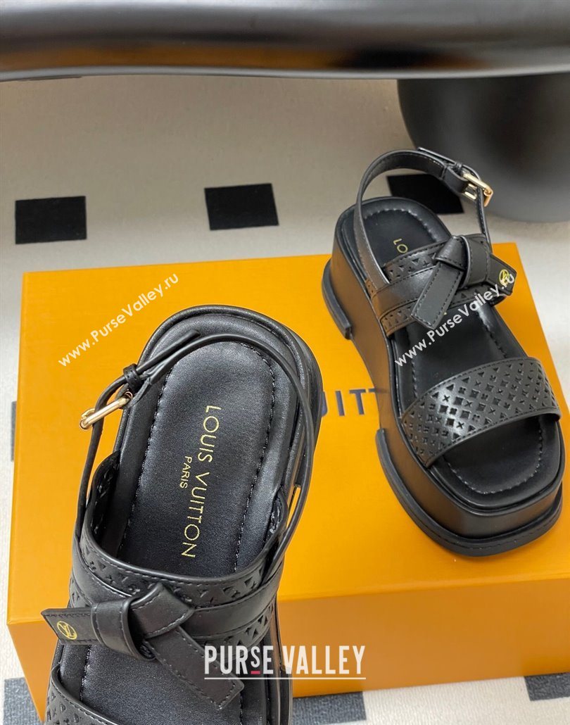Louis Vuitton Maya Platform Comfort Sandals 5cm in Perforated Calf Leather with Bow Black 2025 (MD-250607071)