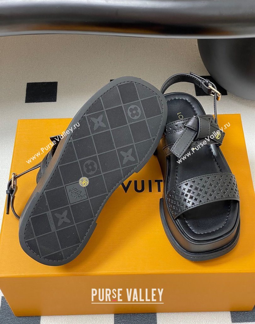 Louis Vuitton Maya Platform Comfort Sandals 5cm in Perforated Calf Leather with Bow Black 2025 (MD-250607071)