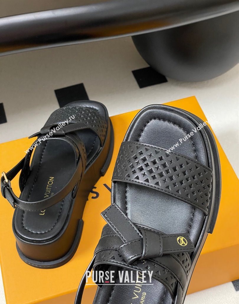 Louis Vuitton Maya Platform Comfort Sandals 5cm in Perforated Calf Leather with Bow Black 2025 (MD-250607071)