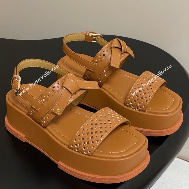 Louis Vuitton Maya Platform Comfort Sandals 5cm in Perforated Calf Leather with Bow Brown 2025 (MD-250607072)