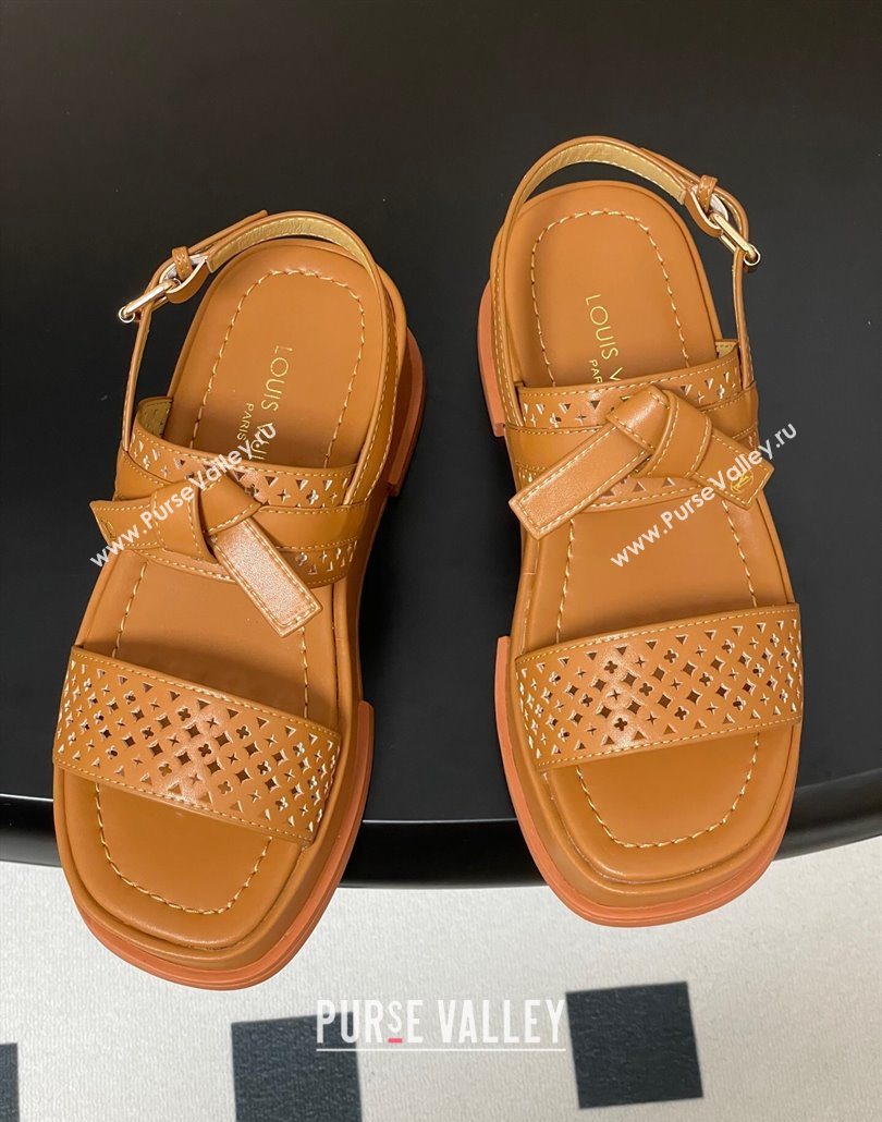Louis Vuitton Maya Platform Comfort Sandals 5cm in Perforated Calf Leather with Bow Brown 2025 (MD-250607072)